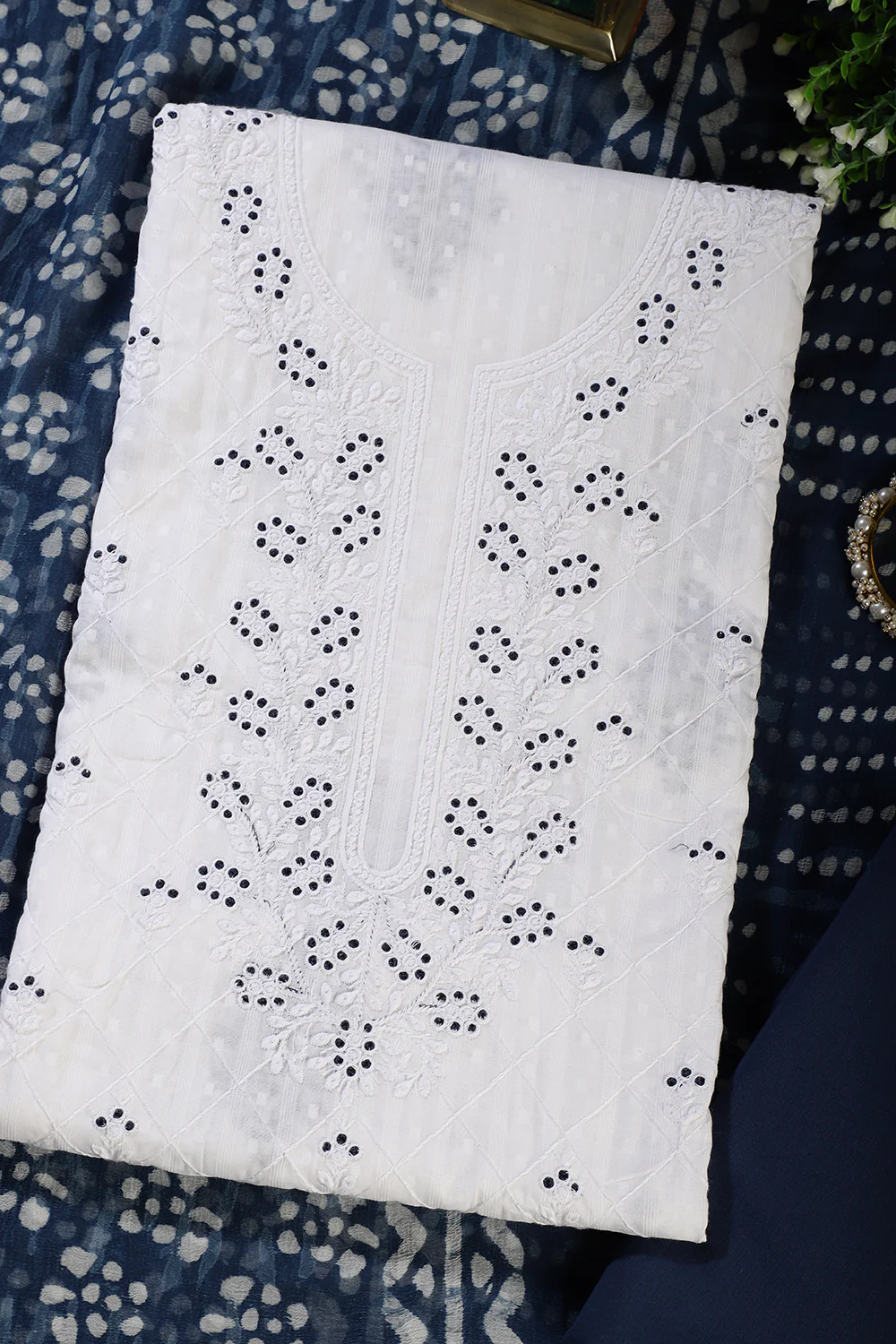 White Cotton Resham Embroidered Unstitched Suit Material - Image 2