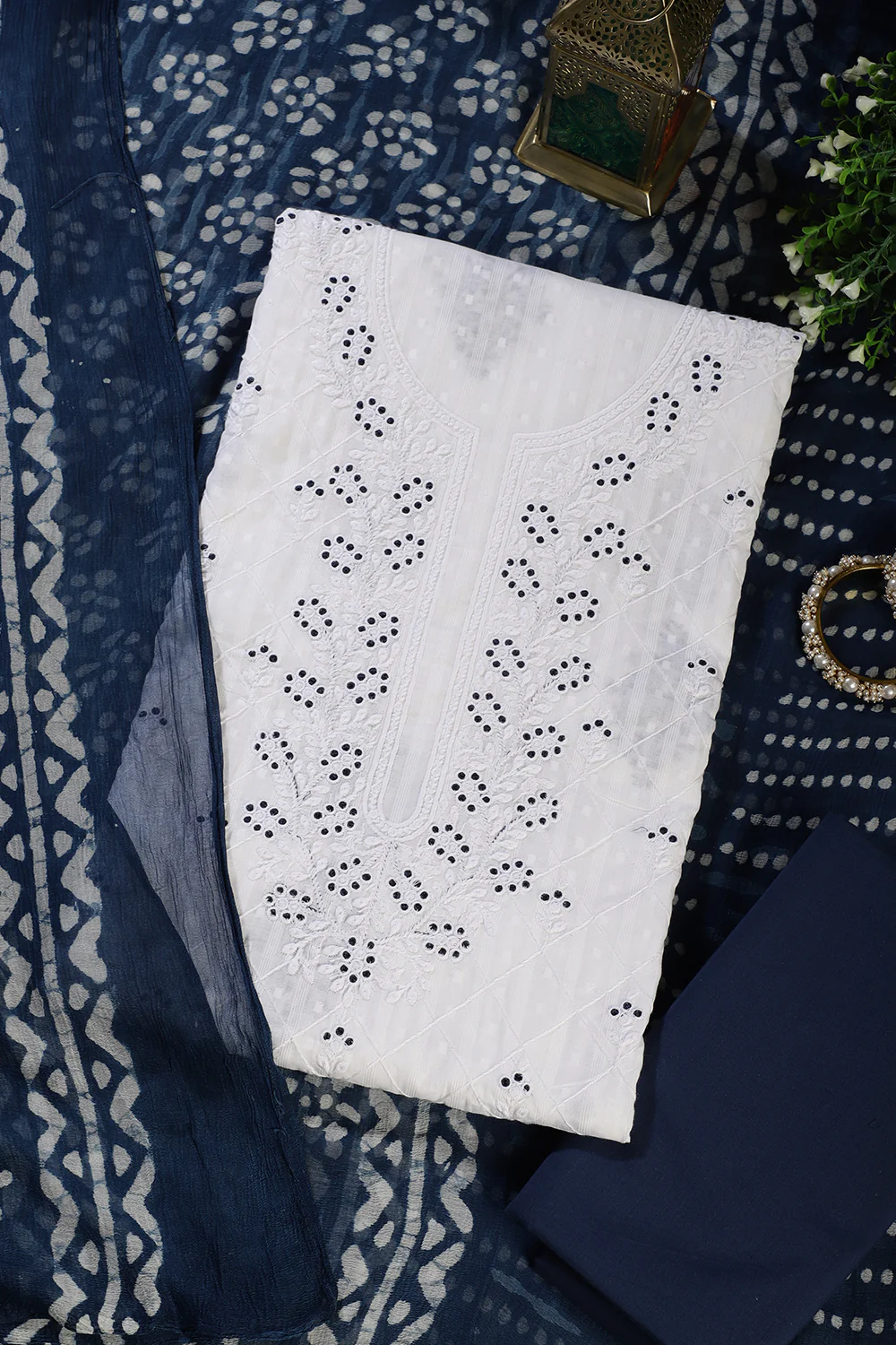 White Cotton Resham Embroidered Unstitched Suit Material - Image 3