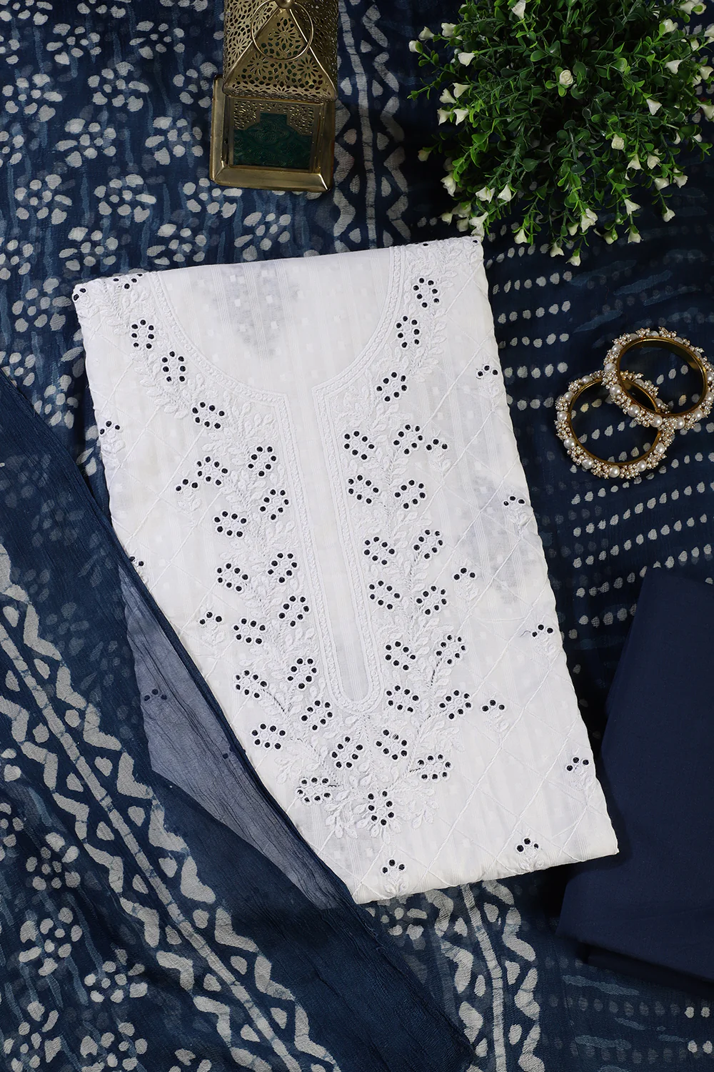 White Cotton Resham Embroidered Unstitched Suit Material - Image 4