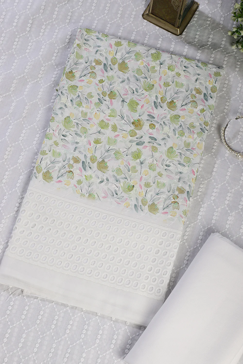 White & Green Cotton Floral Printed and Resham Embroidered Unstitched Suit Material - Image 2