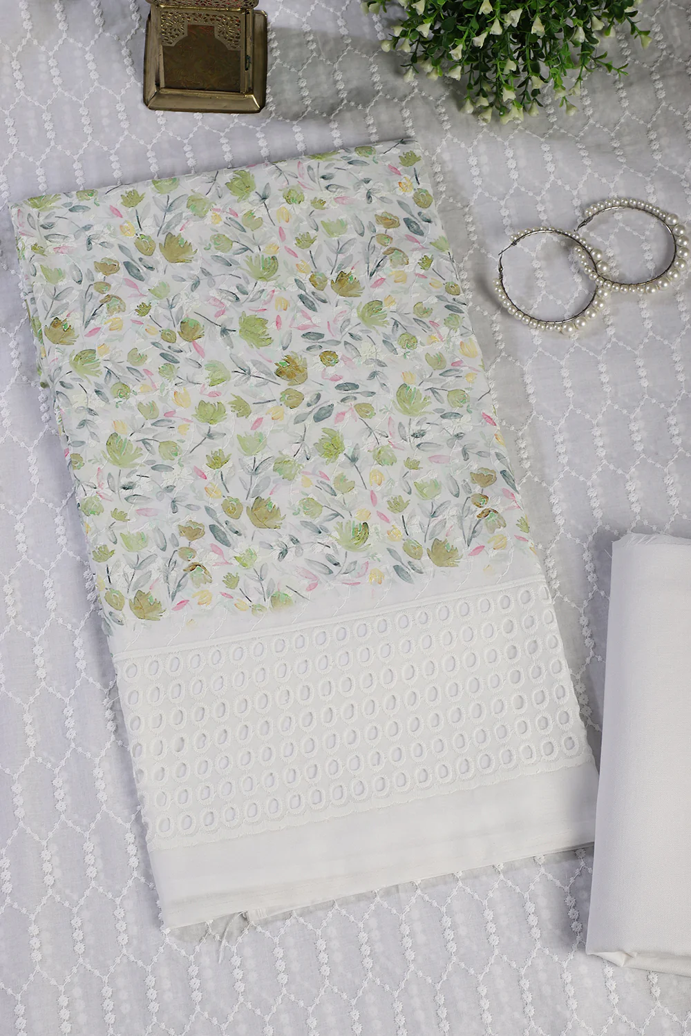 White & Green Cotton Floral Printed and Resham Embroidered Unstitched Suit Material - Image 3