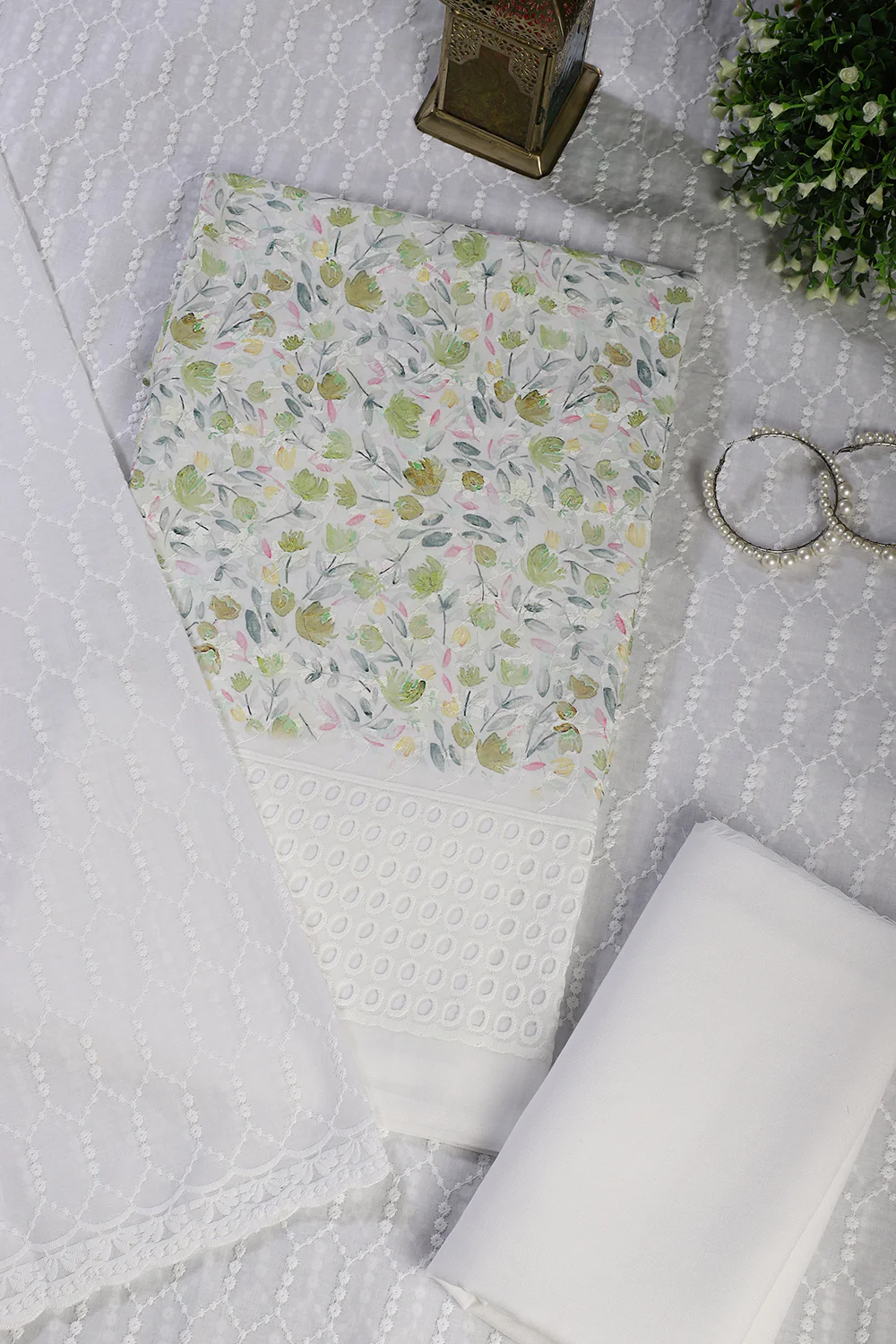 White & Green Cotton Floral Printed and Resham Embroidered Unstitched Suit Material - Image 4