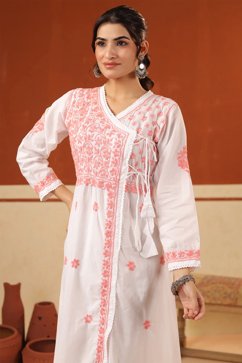 White & Light Pink Cotton Resham Embroidered Angrakha Style Kurta - Image 2