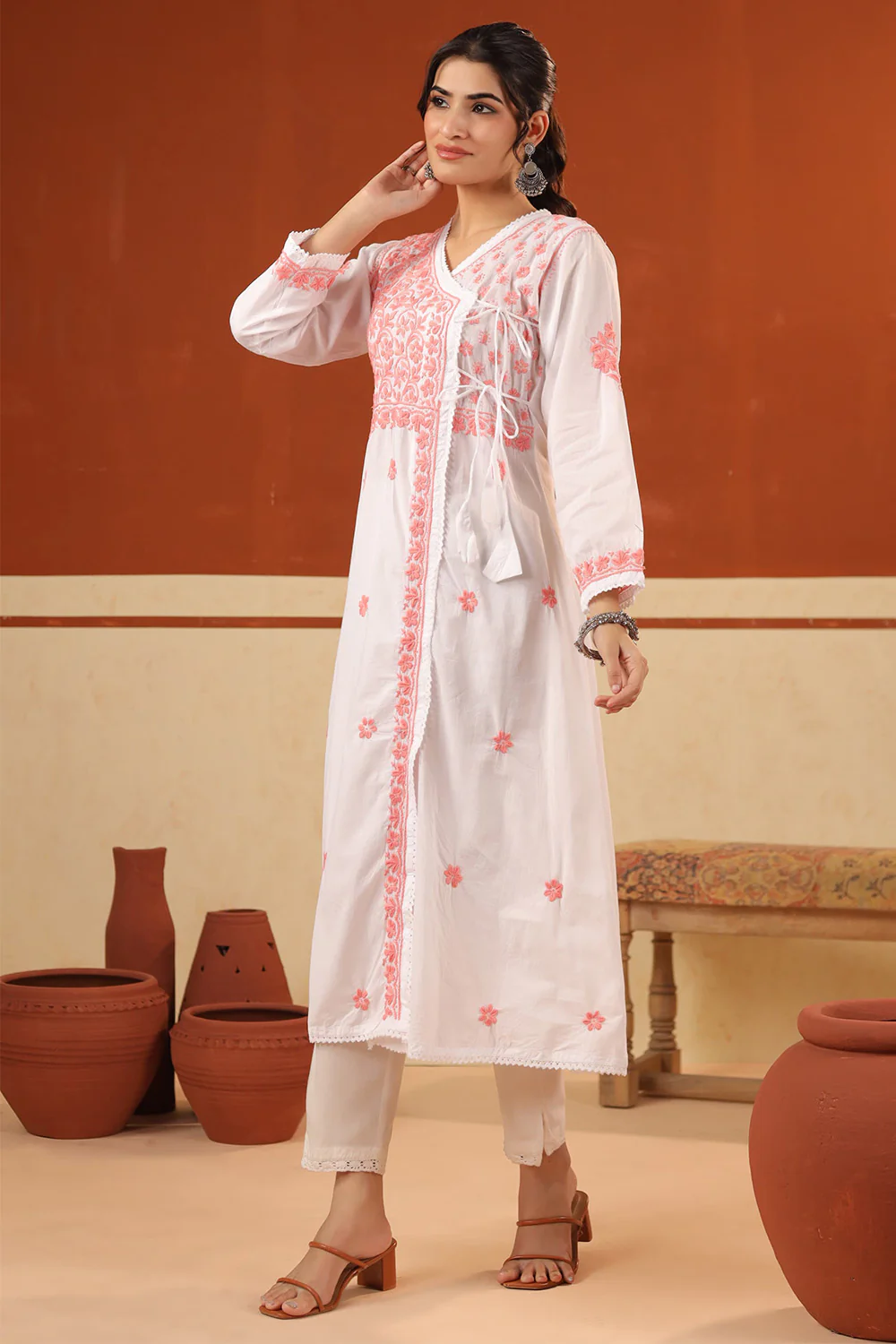 White & Light Pink Cotton Resham Embroidered Angrakha Style Kurta - Image 4