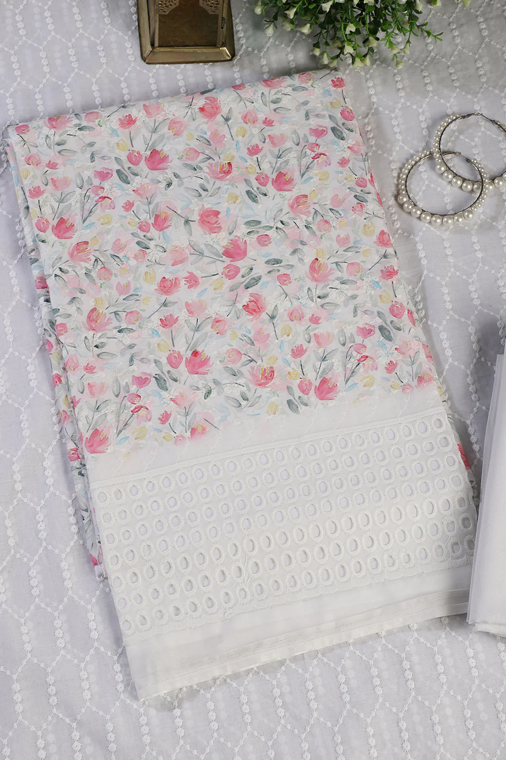 White & Pink Cotton Floral Printed and Resham Embroidered Unstitched Suit Material