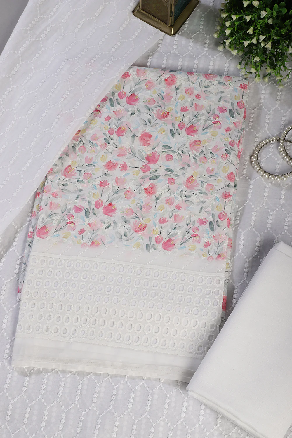 White & Pink Cotton Floral Printed and Resham Embroidered Unstitched Suit Material - Image 2
