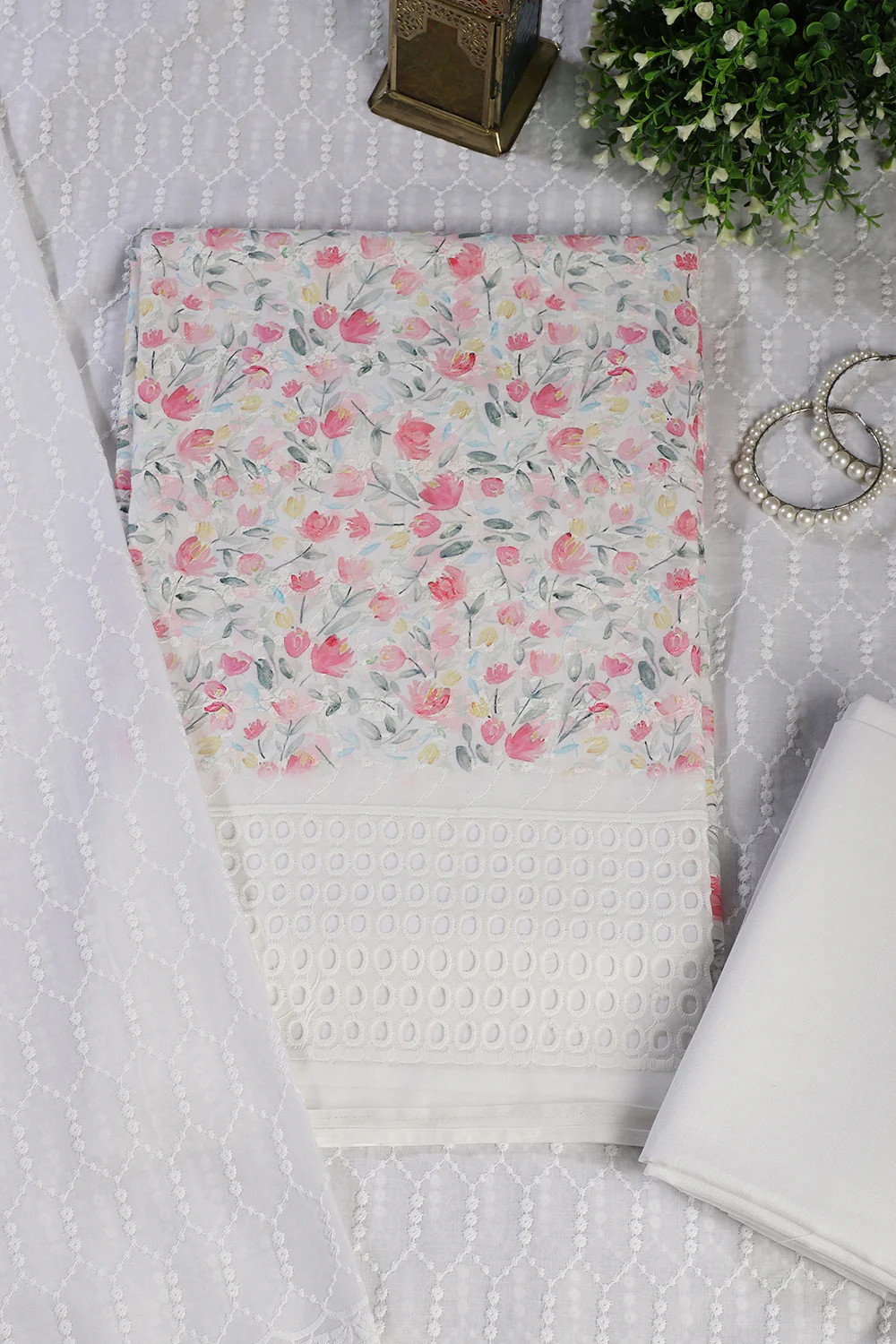 White & Pink Cotton Floral Printed and Resham Embroidered Unstitched Suit Material - Image 3