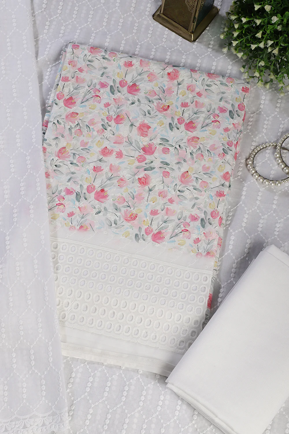 White & Pink Cotton Floral Printed and Resham Embroidered Unstitched Suit Material - Image 4