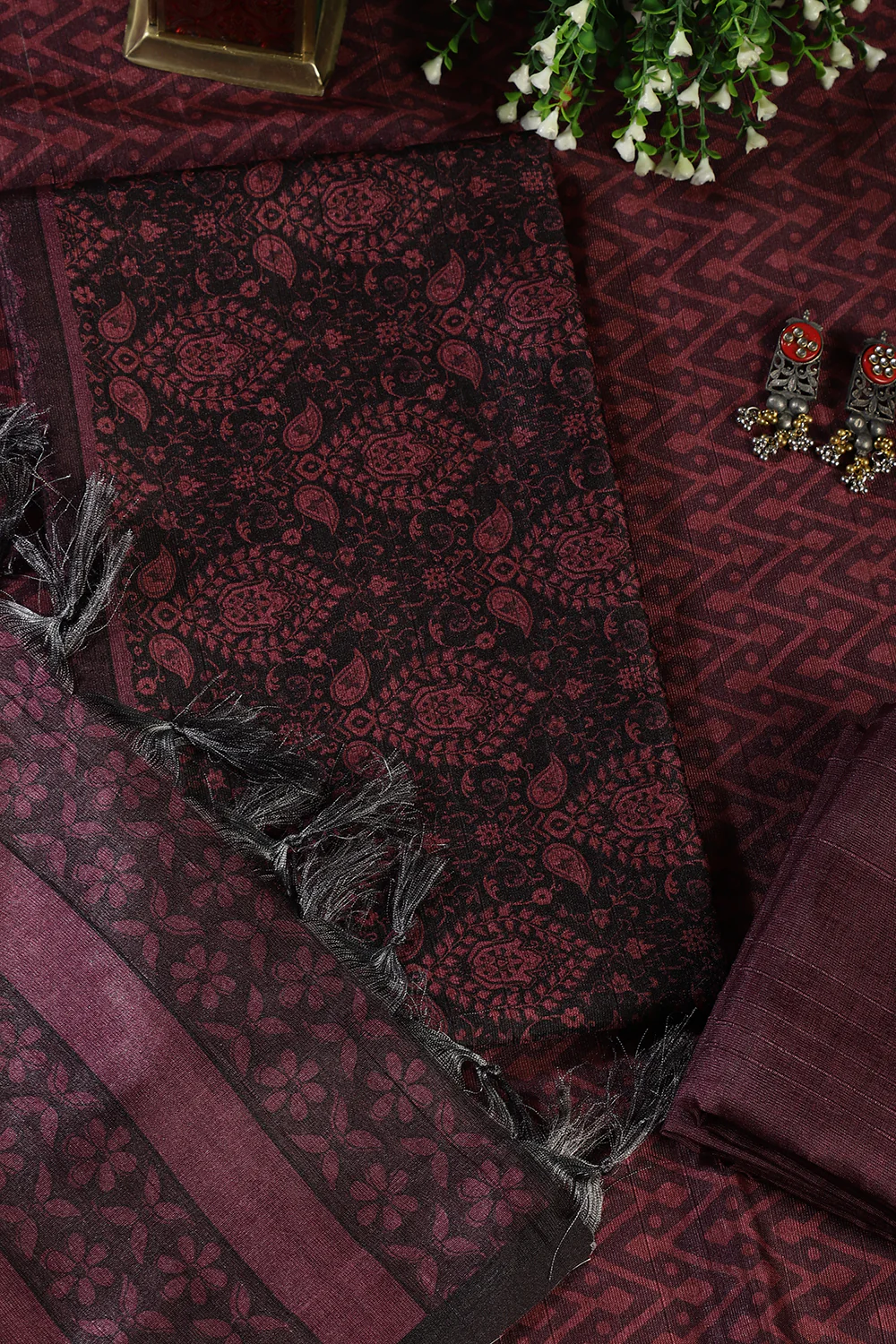 Wine And Black Digital Printed Chanderi Cotton Unstiched Suit Material - Image 2