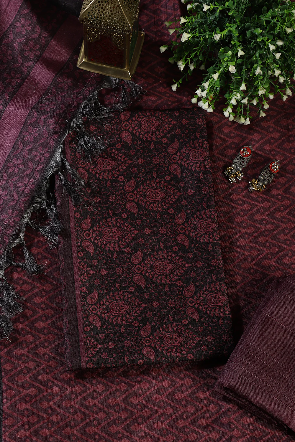 Wine And Black Digital Printed Chanderi Cotton Unstiched Suit Material - Image 4