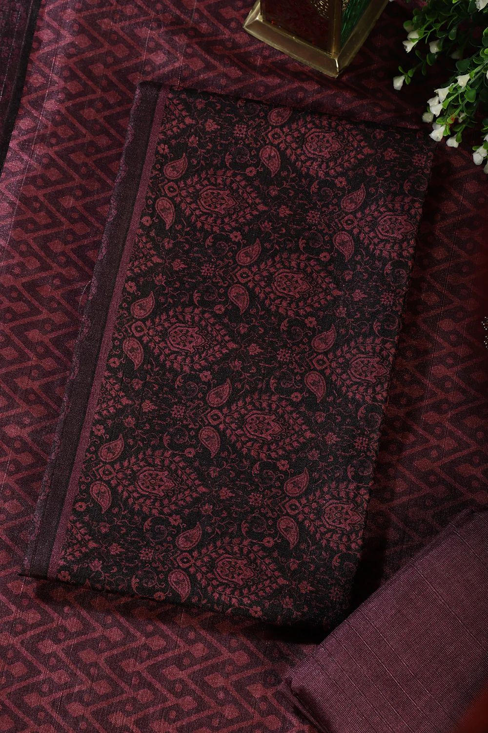 Wine And Black Digital Printed Chanderi Cotton Unstiched Suit Material - Image 5