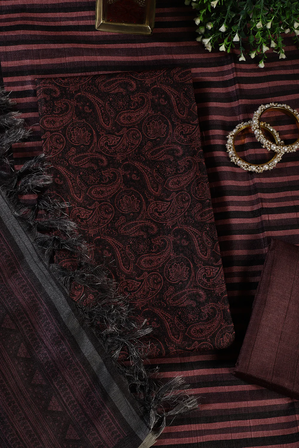 Wine & Black Digital Printed Chanderi Cotton Unstiched Suit Material - Image 2