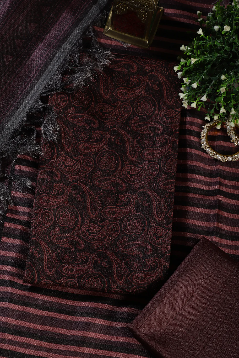 Wine & Black Digital Printed Chanderi Cotton Unstiched Suit Material - Image 3
