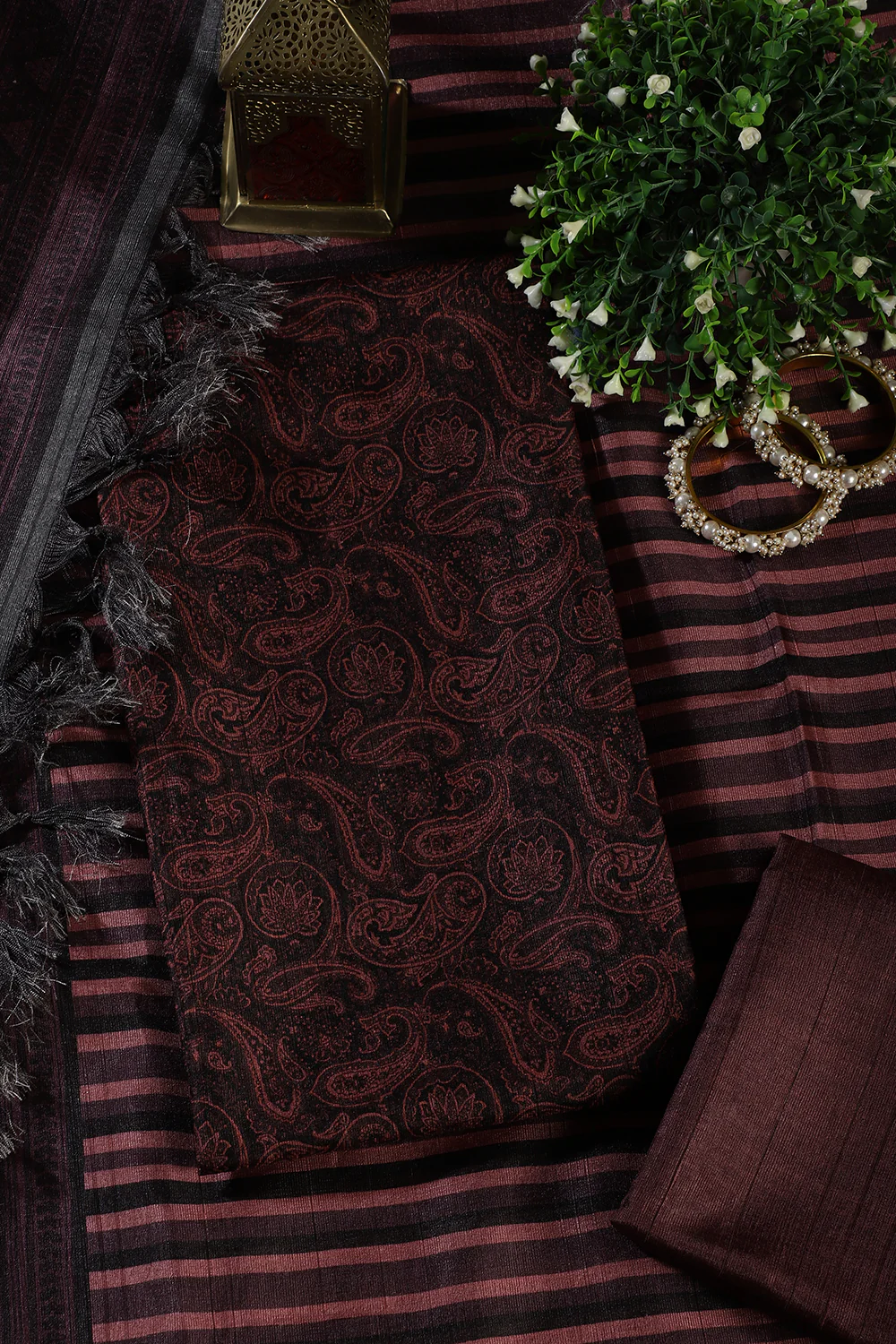 Wine & Black Digital Printed Chanderi Cotton Unstiched Suit Material - Image 4
