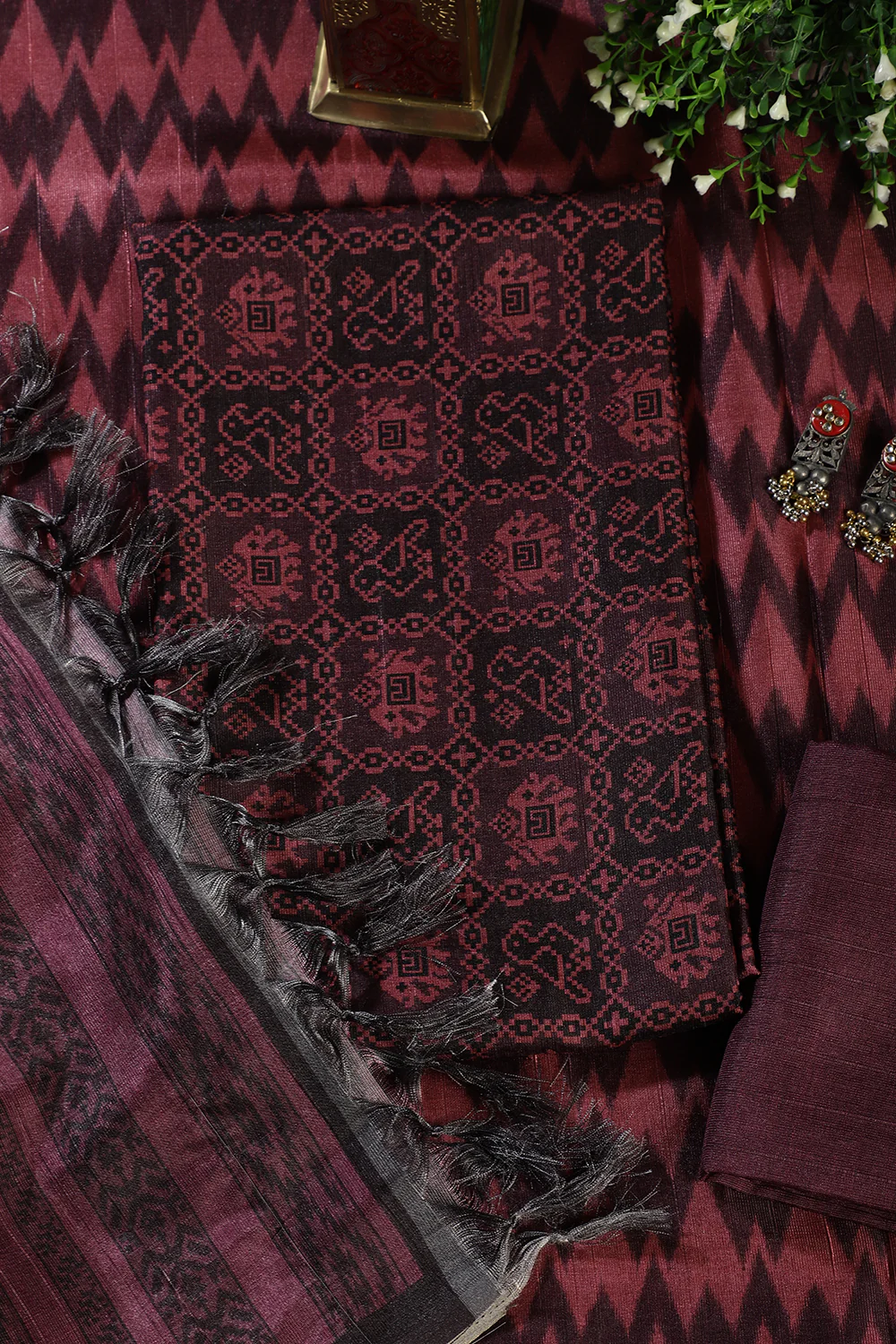 Wine Chanderi Cotton Digital Printed Unstiched Suit Material - Image 2