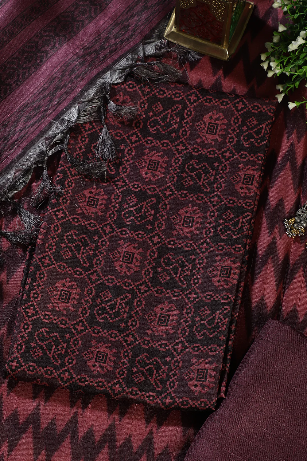 Wine Chanderi Cotton Digital Printed Unstiched Suit Material - Image 3
