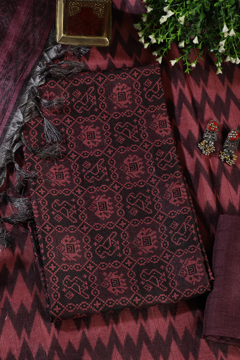 Wine Chanderi Cotton Digital Printed Unstiched Suit Material - Image 4