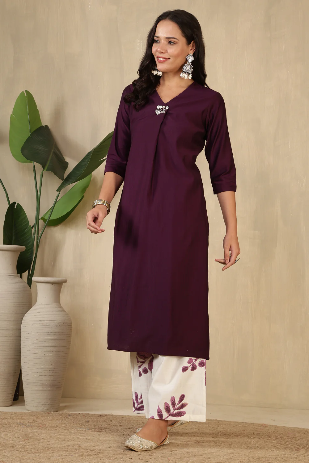 Wine Chanderi Cotton Kurta Set - Image 2