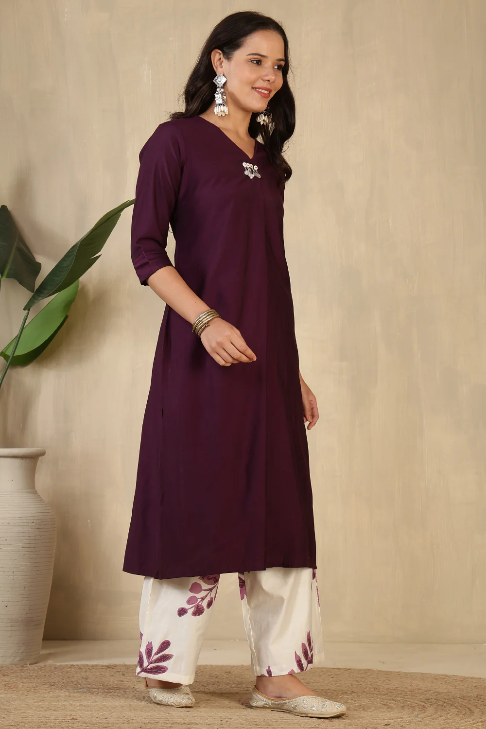 Wine Chanderi Cotton Kurta Set - Image 3
