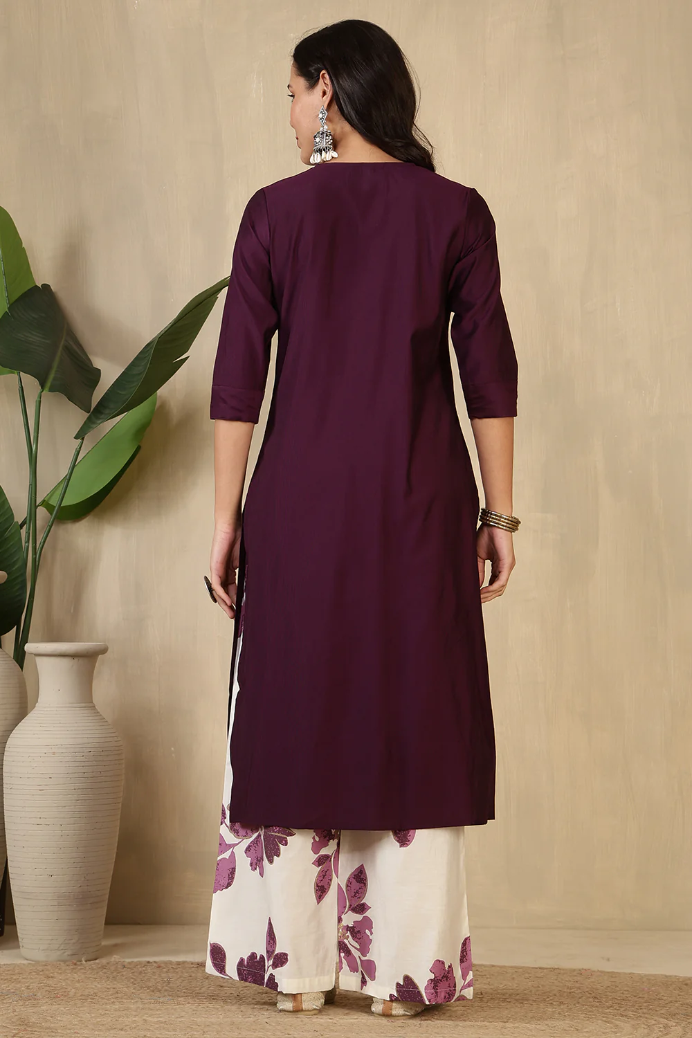 Wine Chanderi Cotton Kurta Set - Image 4