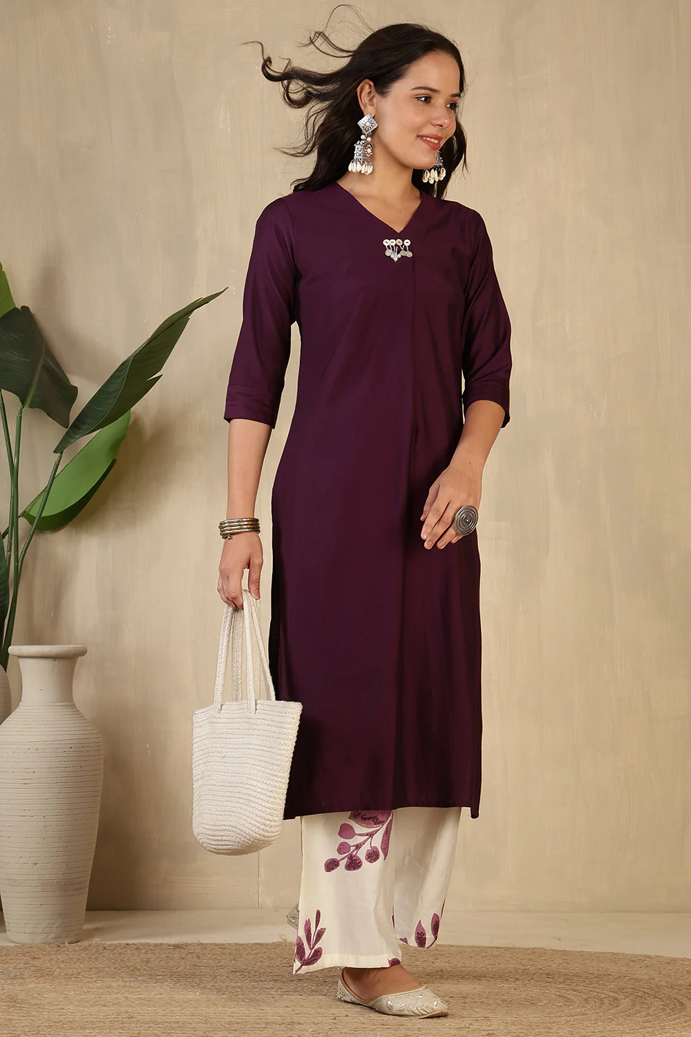Wine Chanderi Cotton Kurta Set - Image 5