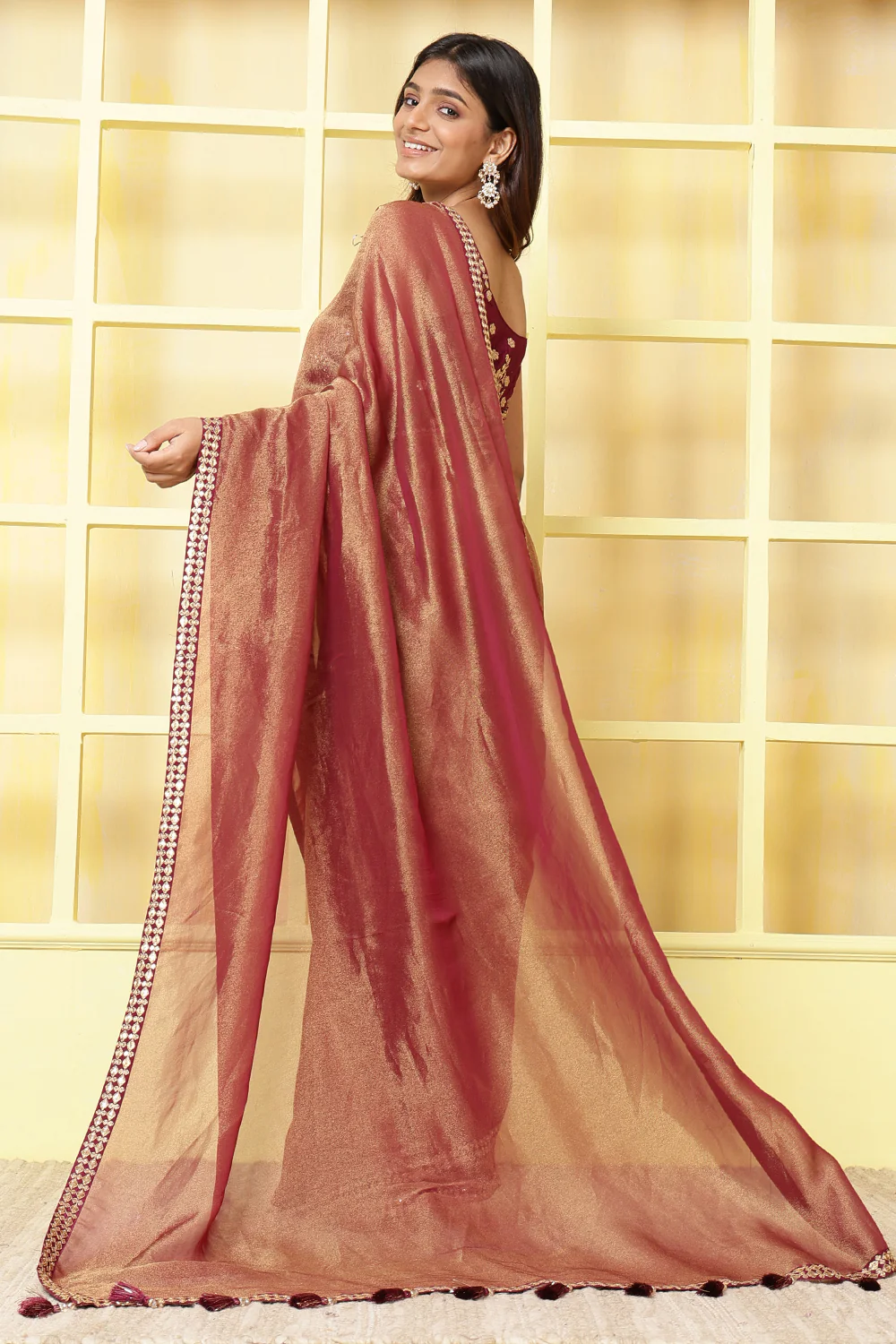 Wine Color Metallic Tissue Sequins & Zari Embroidered Saree with Readymade Blouse - Image 4