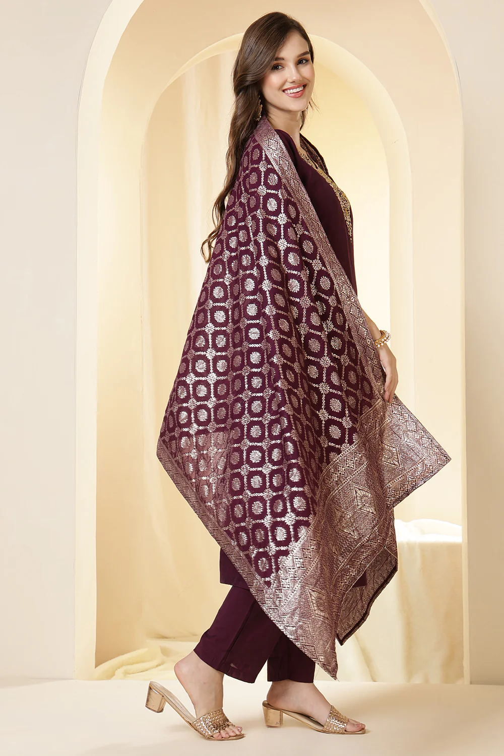 Wine Color Silk Neck Embroidered Suit Set - Image 2