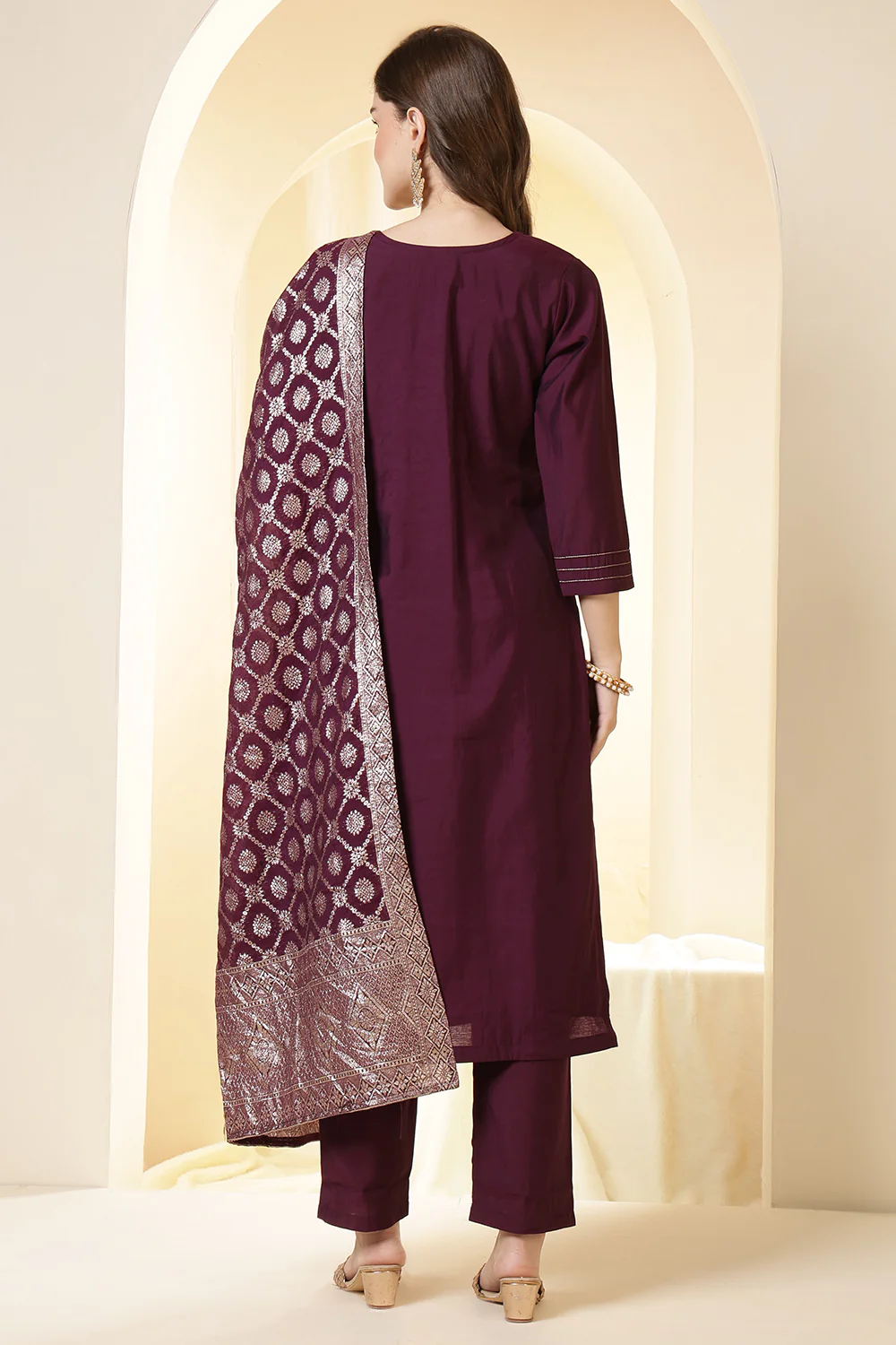 Wine Color Silk Neck Embroidered Suit Set - Image 3
