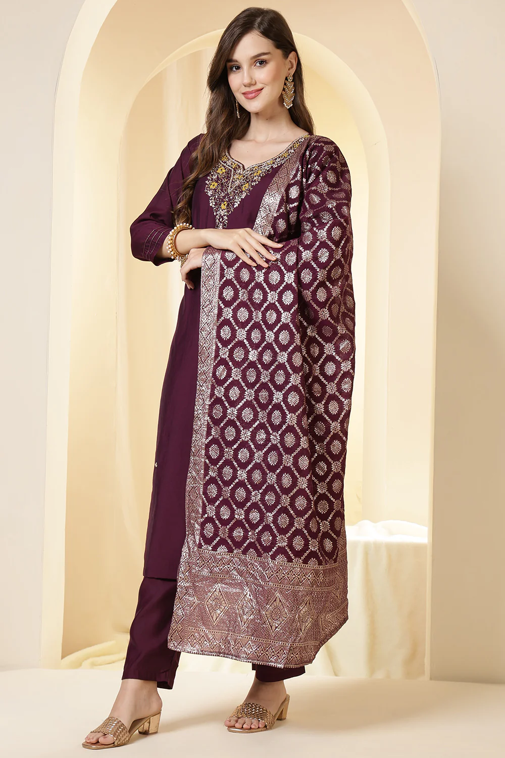 Wine Color Silk Neck Embroidered Suit Set - Image 5
