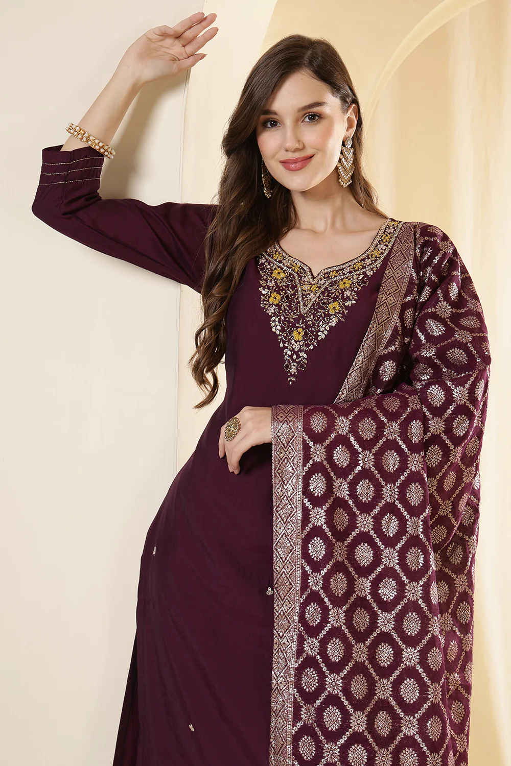 Wine Color Silk Neck Embroidered Suit Set - Image 7