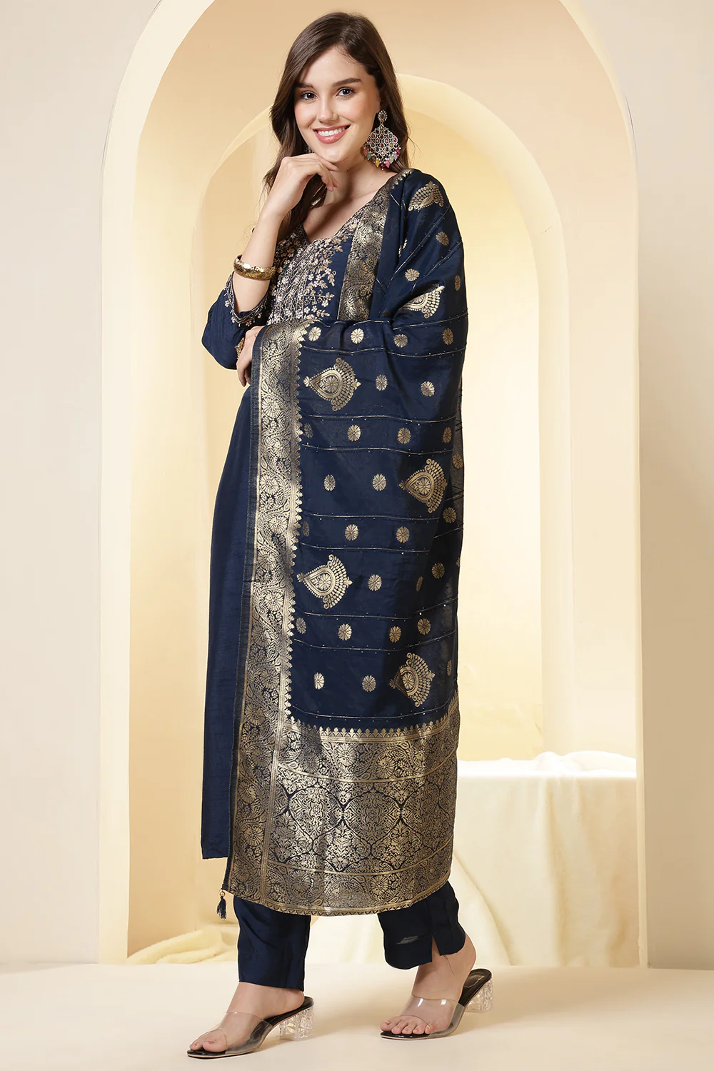 Wine Color Silk Suit Set With Neck Embroidered - Image 4