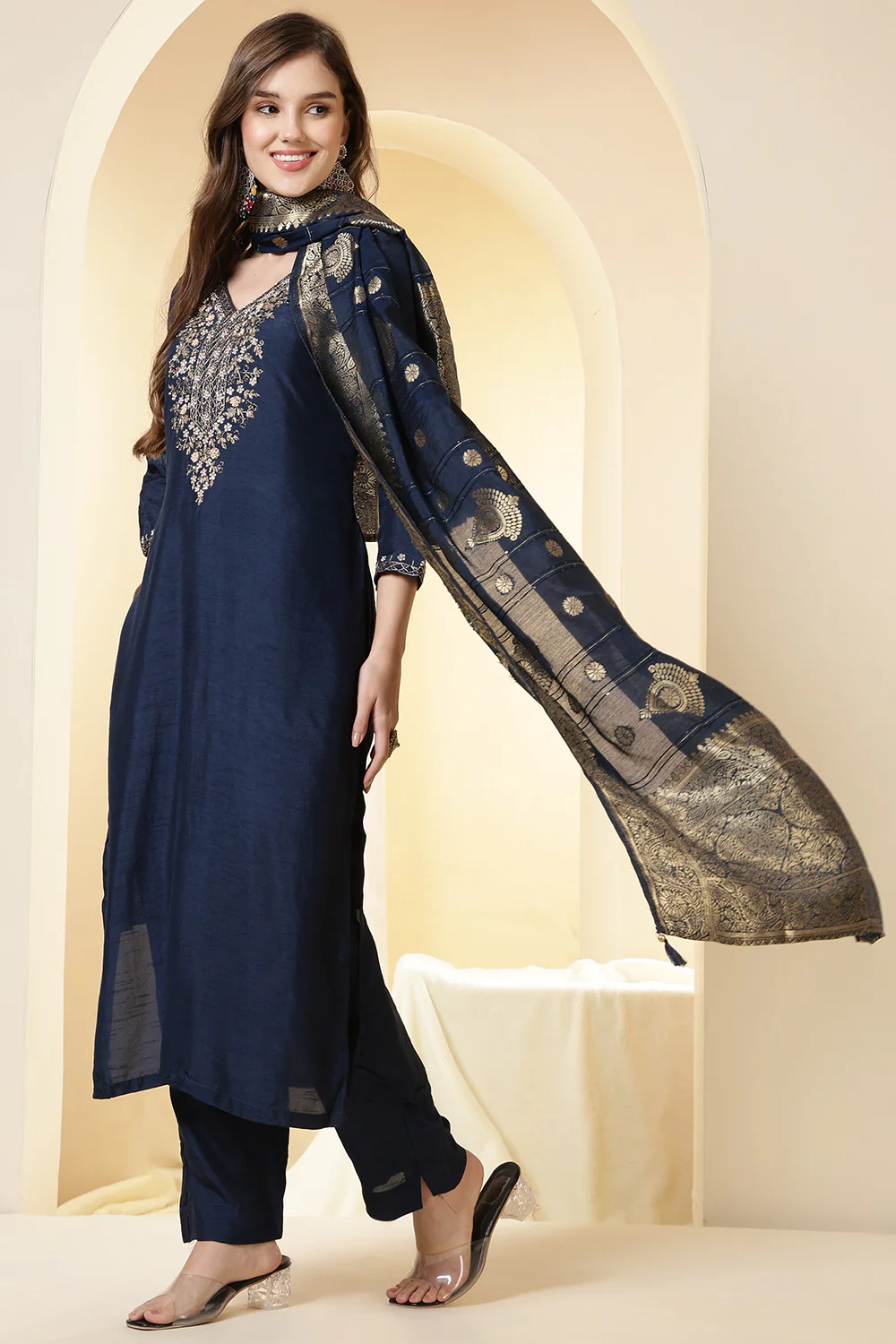 Wine Color Silk Suit Set With Neck Embroidered - Image 5