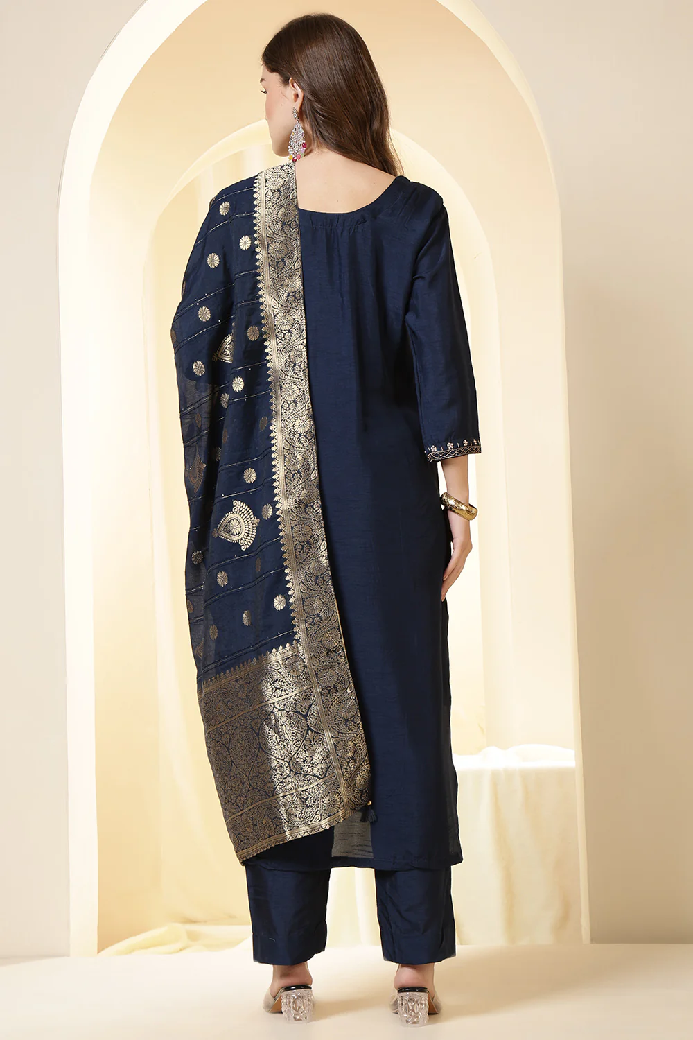 Wine Color Silk Suit Set With Neck Embroidered - Image 7