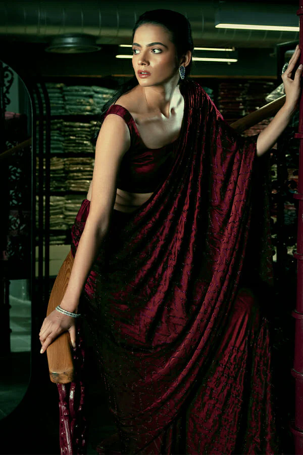 Dark Scarlet Colour Satin Saree. - Image 2