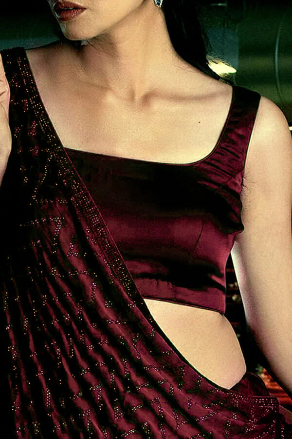 Dark Scarlet Colour Satin Saree. - Image 3