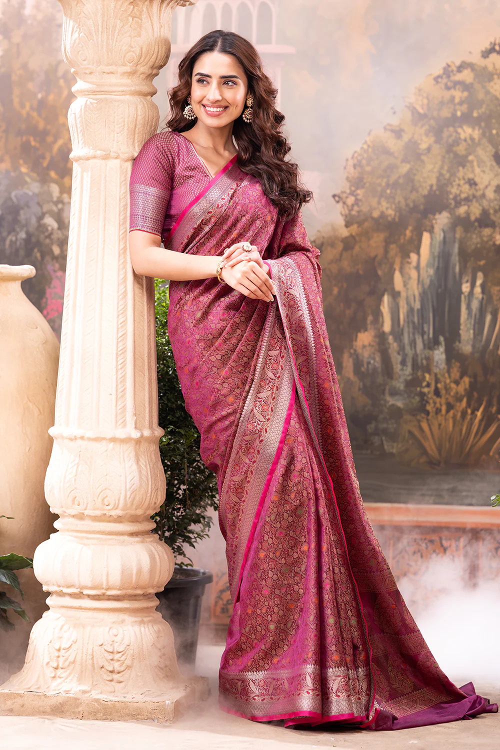 Wine Cotton Silk Floral Resham & Zari Wovern Saree - Image 3