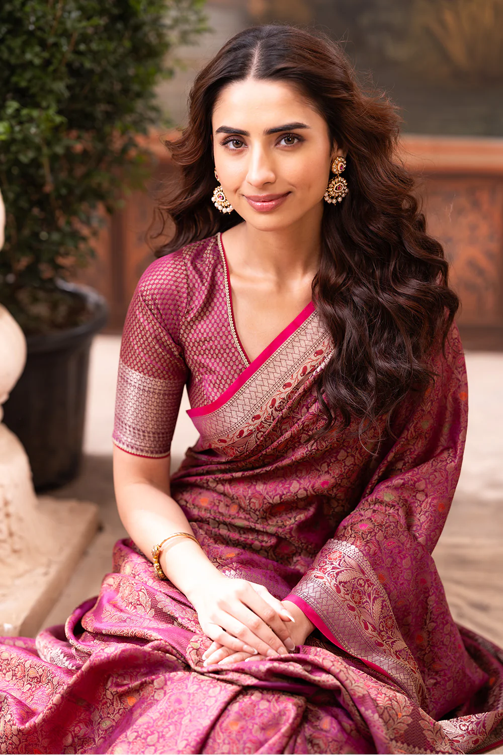 Wine Cotton Silk Floral Resham & Zari Wovern Saree - Image 6