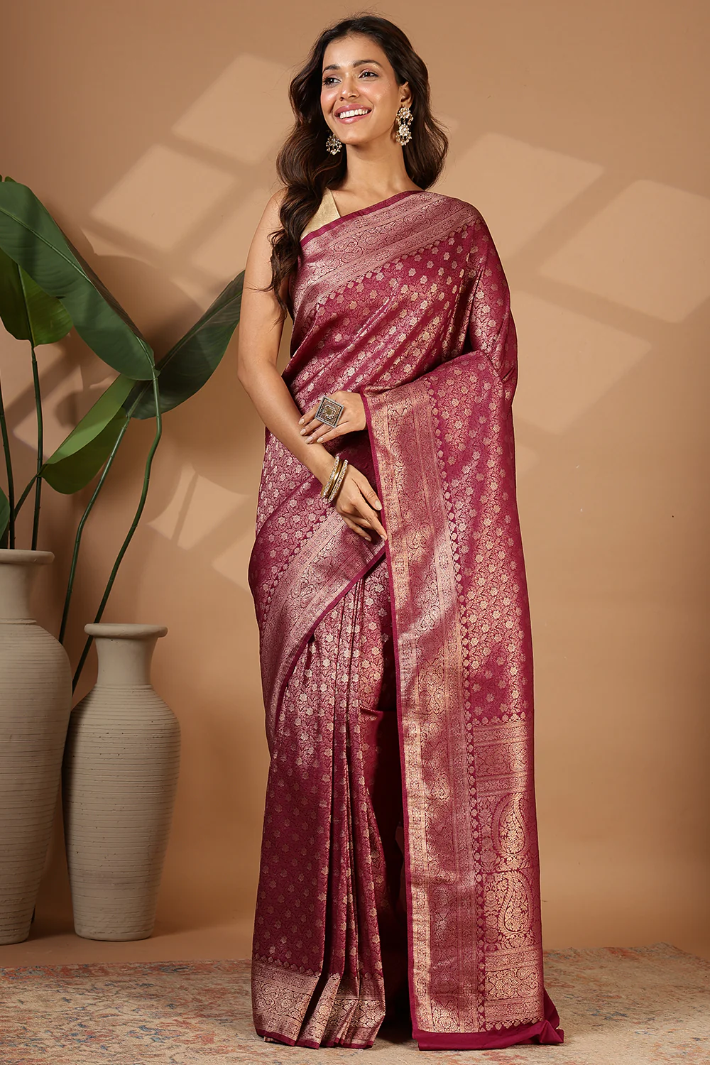 Wine Floral Zaal Woven Soft Silk Saree
