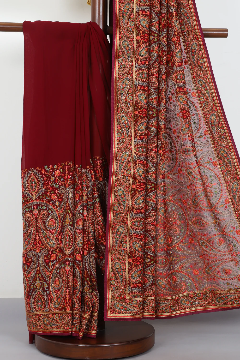 Wine Georggette Resham Embroidered And Swaroski Work Saree - Image 3