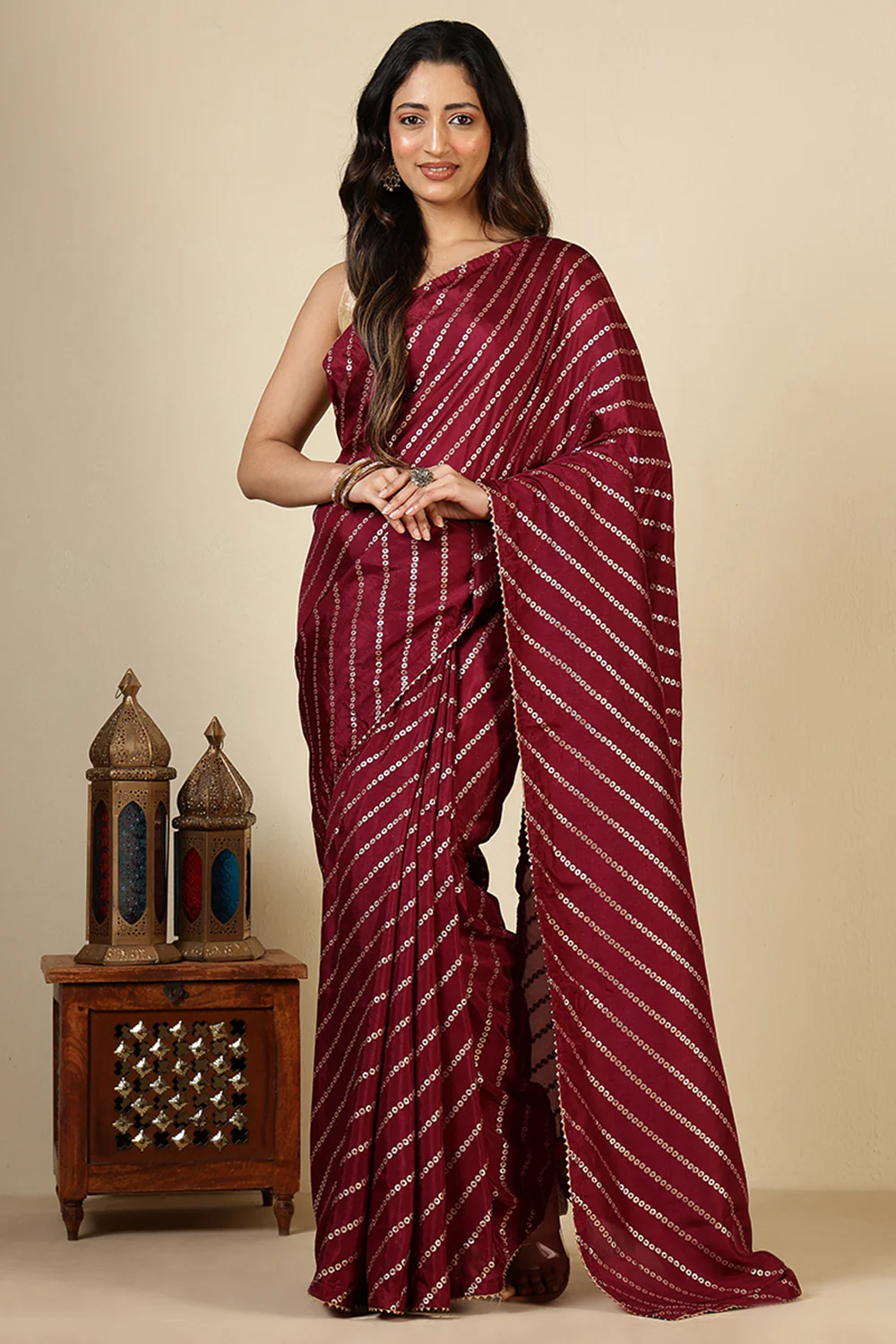 Wine Modal Silk Saree with Zari Pinstripes - Image 2