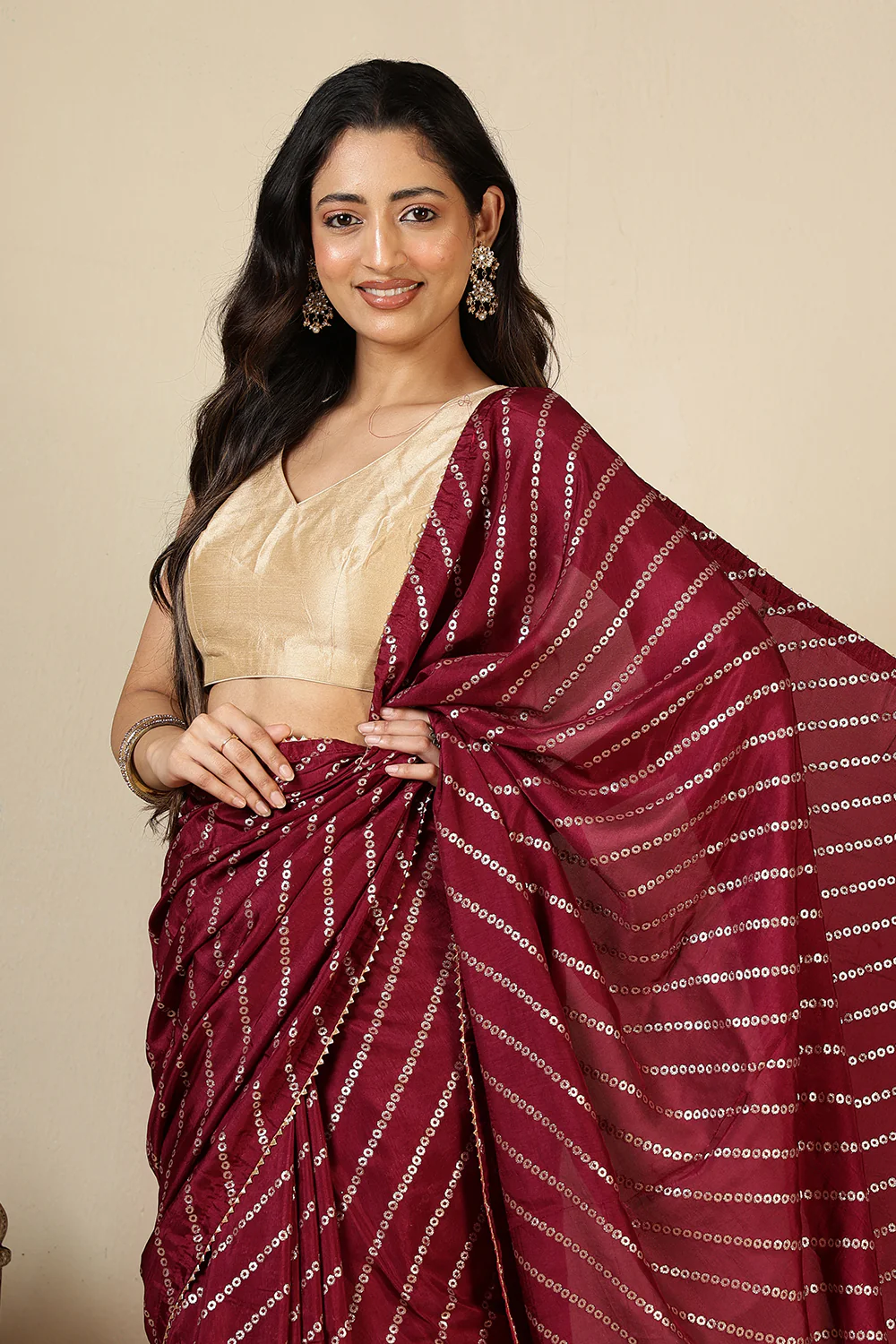 Wine Modal Silk Saree with Zari Pinstripes - Image 3