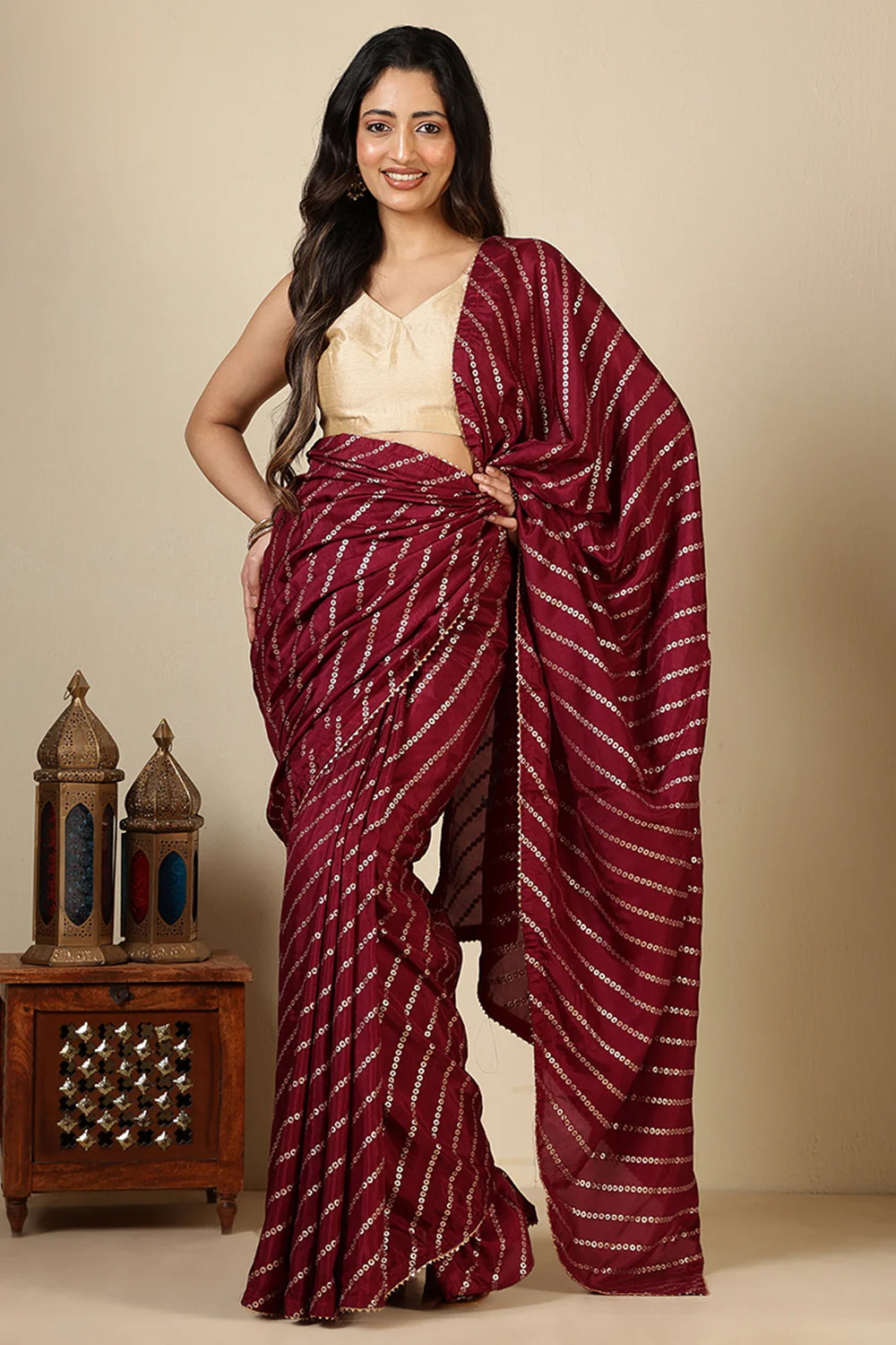 Wine Modal Silk Saree with Zari Pinstripes - Image 4