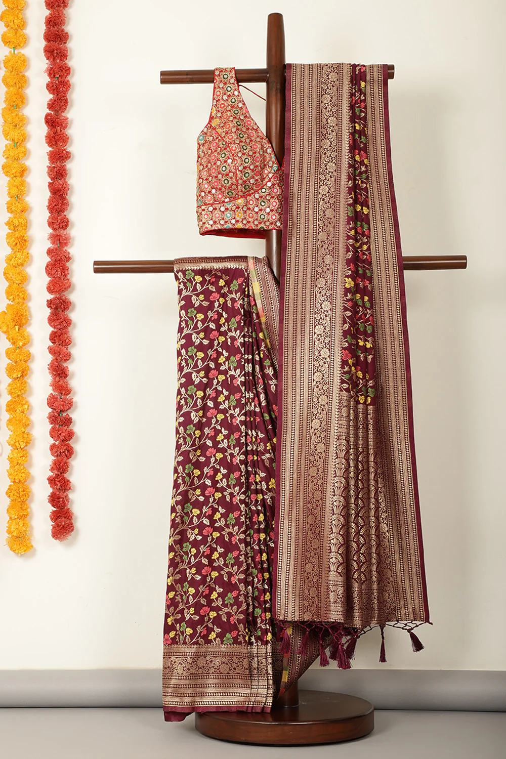Wine Silk Resham & Zari Woven Saree - Image 2