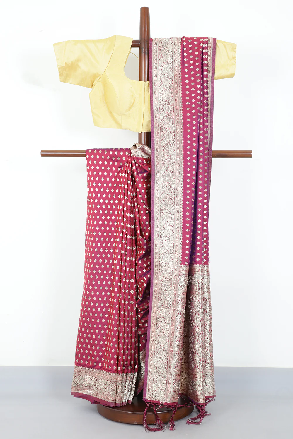 Wine Silk Zari Woven And Swaroski Work Saree