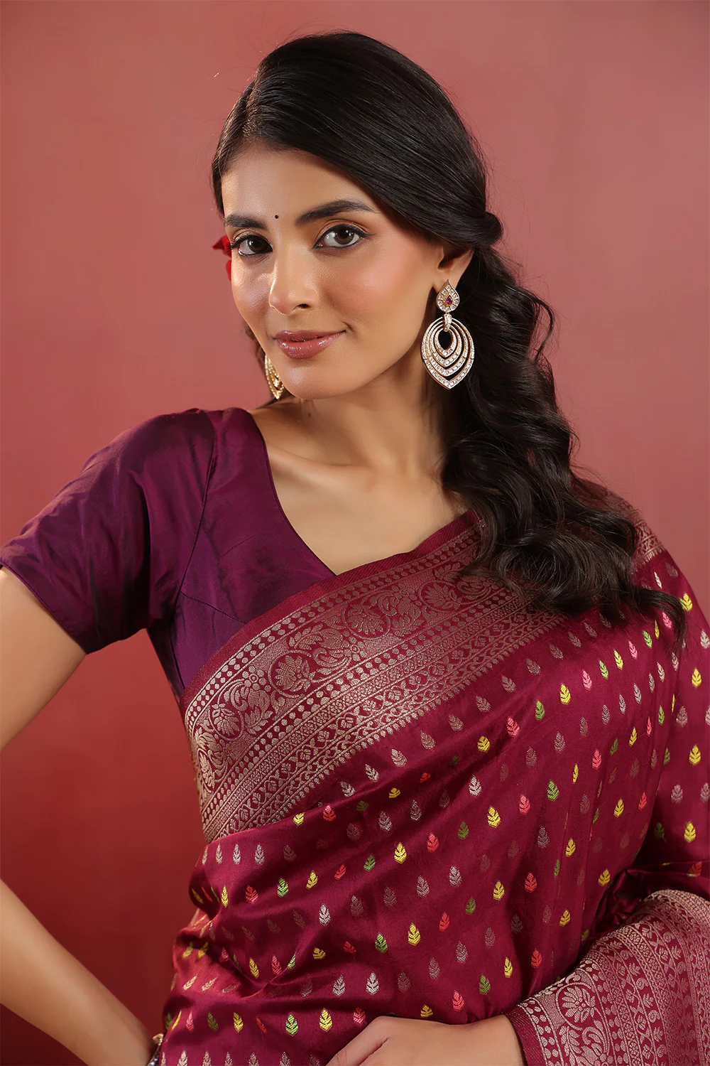 Wine Soft Silk Woven Saree - Image 10