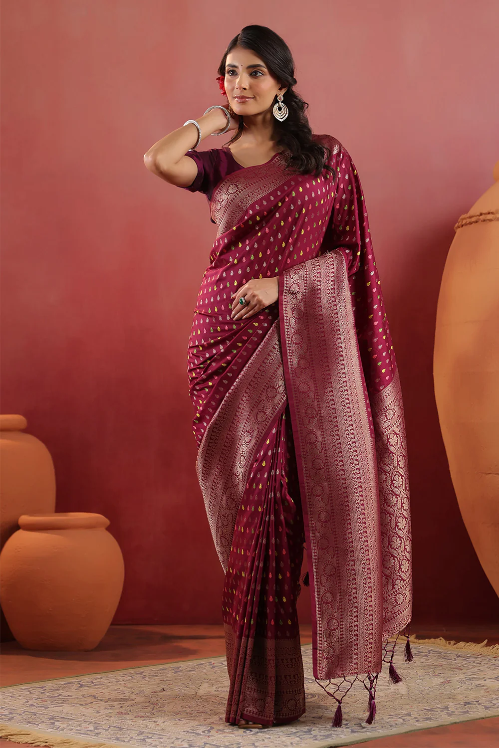 Wine Soft Silk Woven Saree - Image 2
