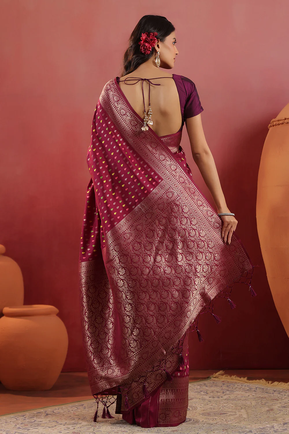 Wine Soft Silk Woven Saree - Image 3