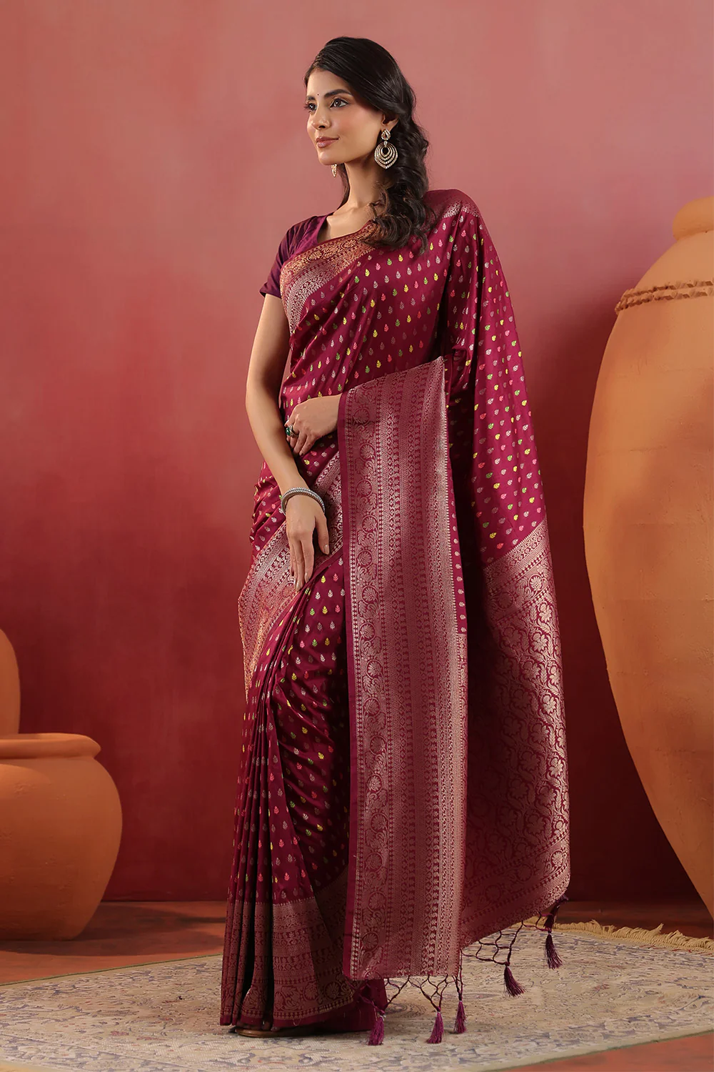 Wine Soft Silk Woven Saree - Image 4