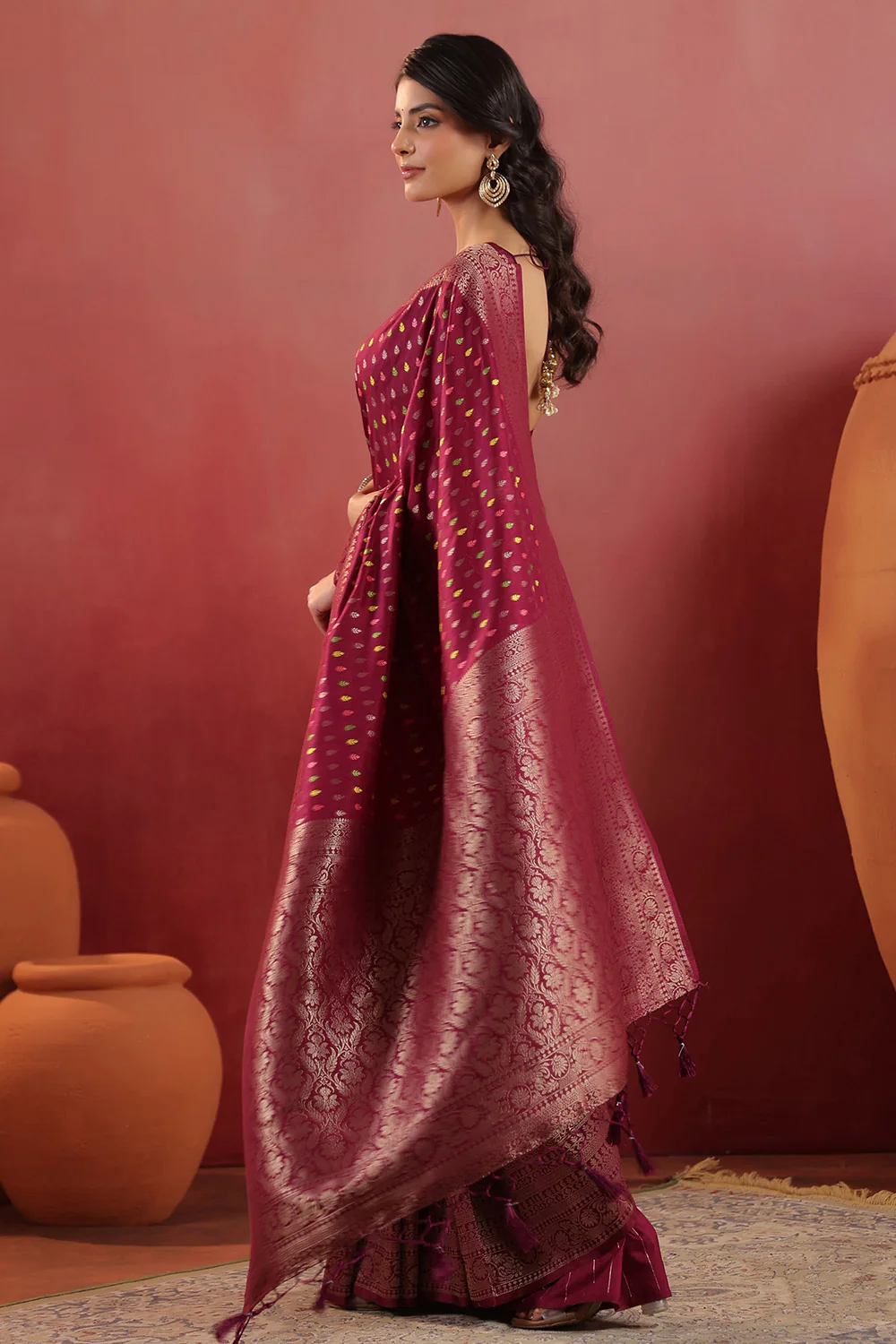 Wine Soft Silk Woven Saree - Image 5