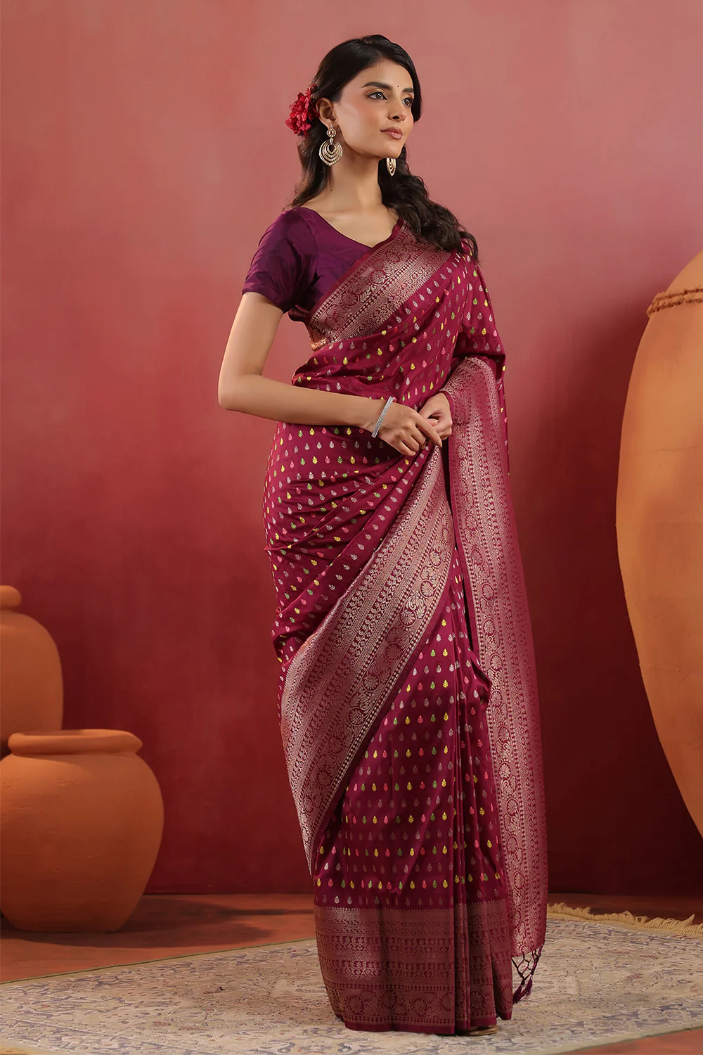 Wine Soft Silk Woven Saree - Image 6